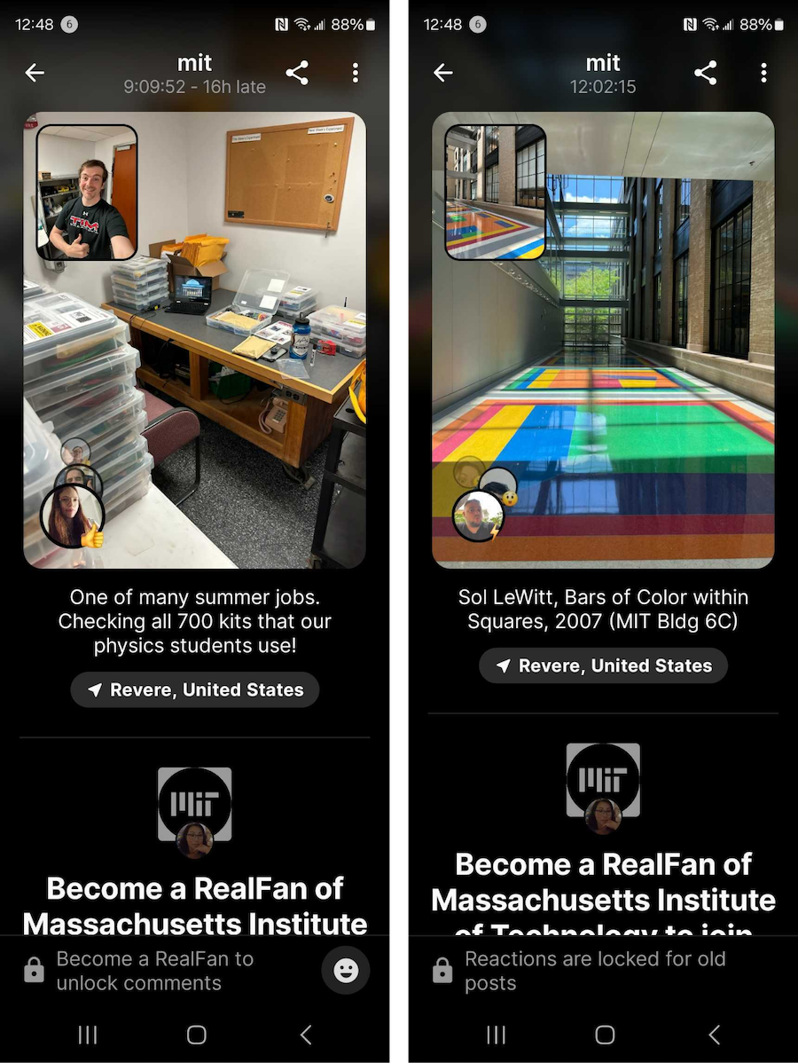 Screenshots of MIT on BeReal